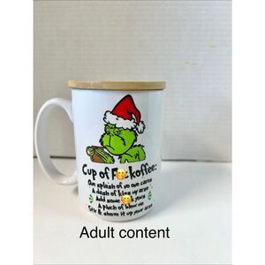 Grinch themed Cup of F**k offer mug with bamboo lid
